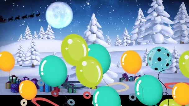 Анимация Рождественских Подарков Воздушные Шары Санта Клаусом Санях Северными Оленями — стоковое видео
