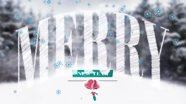 Видео Представляет Собой Анимацию Синих Снежинок Падающих Чёрный Фон Текст — стоковое видео