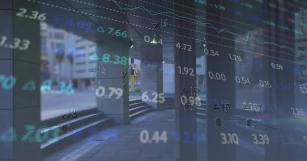 Animering Aktiemarknadens Databehandling Mot Bakgrund Stadstrafik Från Kontor Global Ekonomi — Stockvideo