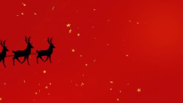 Kerstman Slee Wordt Getrokken Door Rendieren Met Holly Tekst Banner — Stockvideo