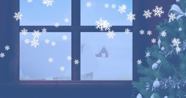 나무로 창틀에서 눈송이 모양의 형상이 떨어지는 애니메이션으로 그려졌다 크리스마스 축제와 — 비디오