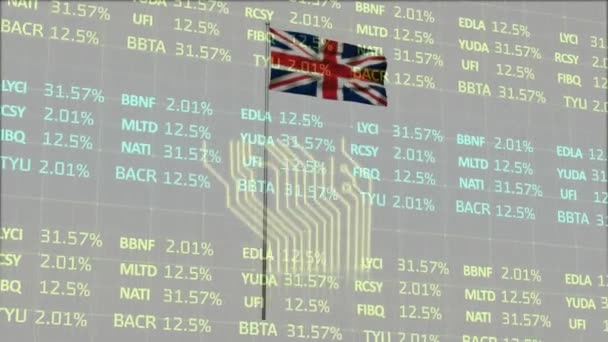 Mikroişlemci Bağlantılarına Karşı Birleşik Krallık Bayrağı Sallayarak Borsa Veri Işleme — Stok video