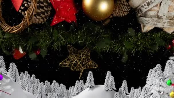 Animacja Choinek Śniegu Spadającego Nad Zimową Scenerią Boże Narodzenie Uroczystość — Wideo stockowe
