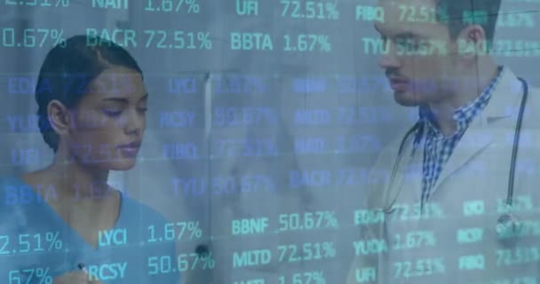 Animación Del Procesamiento Datos Financieros Sobre Médicos Sexo Femenino Masculino — Vídeo de stock