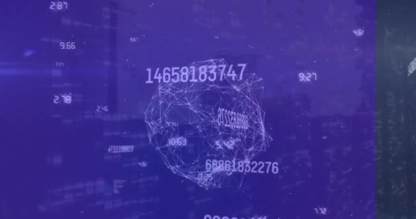 Animation Multiple Changing Numbers Globe Network Connections Blue Background Global — Stock Video