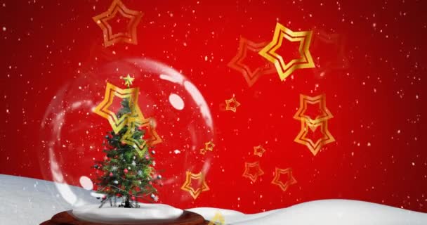 Animace Padajících Zlatých Hvězd Vánočních Sněhových Koulí Červeném Pozadí Vánoce — Stock video