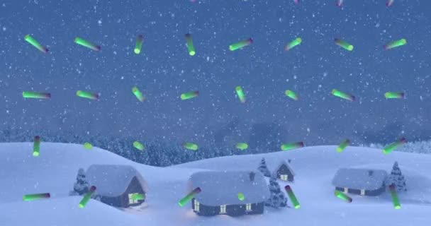 冬の風景の上に降る雪に対してシームレスなパターンで緑の抽象的な形のアニメーション クリスマスのお祭りとお祝いのコンセプト — ストック動画