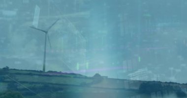 Animasyon, yeşil ekran üzerinde hareket eden finansal verileri ve grafikleri gösteriyor. Video, kırsalda dönen bir rüzgar türbini gösteriyor. Animasyon küresel finans, ekonomi, iş ve teknoloji kavramını gösteriyor.