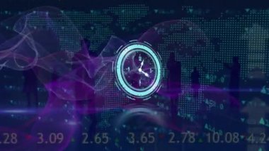 İş adamlarının siluetleri ve veri işleme üzerinde tıklayan saatin ve dijital dalgaların animasyonu. Bilgisayar arayüzü ve iş teknolojisi kavramı