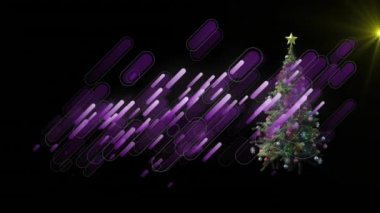 Siyah arka plandaki noel ağacı üzerinde mor çizgilerin ve ışık noktalarının canlandırılması. Noel, gelenek ve kutlama konsepti dijital olarak oluşturuldu.