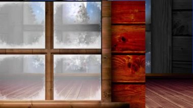 Pencere çerçevesinden kış manzarası üzerinde düşen kar manzarası canlandırması. Noel şenliği ve kutlama konsepti