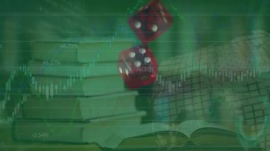 Kitaplar yerine zarlar ve dünya ile finansal veri işleme animasyonu. Dijital olarak oluşturulan küresel finansman, bilgisayar ve dijital arayüz kavramı.