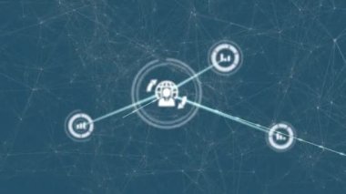 Noktaların ve simgelerin mavi arkaplanda hareket eden çizgilerle birleştirilmesi. Dijital olarak üretilmiş, hologram, illüstrasyon, soyut, iletişim, grafik, ağ ve teknoloji kavramı.