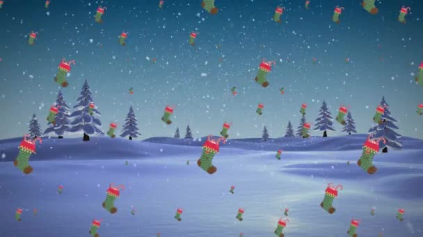 Animering Flera Jul Strumpeband Ikoner Och Snö Faller Över Träd — Stockvideo