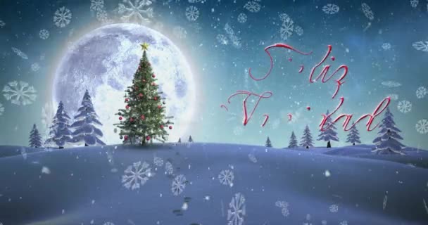 Animacja Padającego Śniegu Świąteczne Pozdrowienia Tekst Nad Choinką Zimowej Scenerii — Wideo stockowe