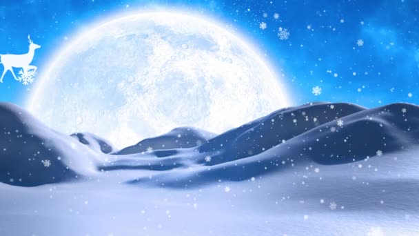 Animazione Neve Che Cade Babbo Natale Slitta Con Renne Sul — Video Stock