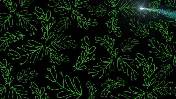 Animation Green Leaves Pattern Design Blue Shooting Star Black Background — Stock Video