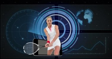 Beyaz tenli bayan tenisçi üzerinde tarama ve veri işleme animasyonu. Küresel spor, rekabet ve veri işleme kavramı dijital olarak oluşturulmuş video.