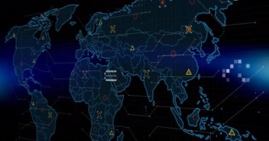Dünya haritası üzerinde istatistiklerle veri işleme animasyonu. Küresel hesaplama, bağlantılar, ağlar ve dijital arayüz konsepti dijital olarak oluşturulmuş video.