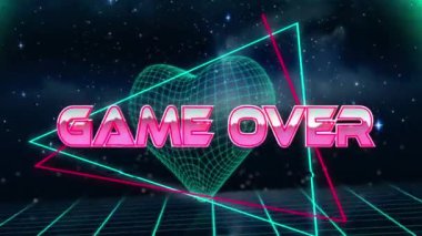 Neon üçgenler ve metaevren ızgaraları üzerinde metalik pembeyle oyun animasyonu. Genel video oyunu, bağlantılar ve dijital olarak oluşturulmuş iletişim konsepti.