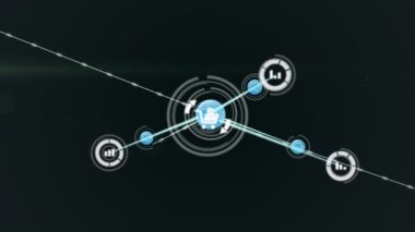 Siyah arkaplana karşı hareket eden yeşil ışık noktasının üzerindeki dijital simge ağının animasyonu. Küresel ağ ve iş teknolojisi kavramı