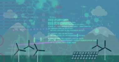 Rüzgar türbinleri üzerinde veri işleme animasyonu. küresel iş ve dijital arayüz kavramı dijital olarak oluşturulmuş video.