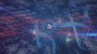 DNA iplikçiklerinin dönmesi ve ikonlarla bağlantı ağının animasyonu. Küresel bilim, bağlantılar ve veri işleme kavramı dijital olarak oluşturulmuş video.