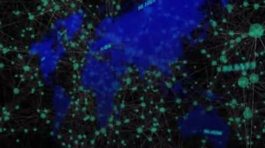 Animasyon, siyah arkaplanda yüzen beyaz sayılar olan mavi bir dünya haritası gösteriyor. Rakamlar, farklı ülkelerde internete erişimi olan insanların yüzdesini temsil ediyor..