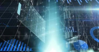 Infographic arayüzün ve lenslerin animasyonu şebeke modeline bağlı noktaların üzerinde parlıyor. Dijital olarak üretilmiş, hologram, rapor, finans, iş dünyası, aydınlanma ve iletişim kavramı.