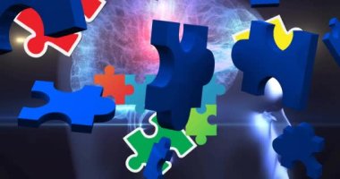 Karanlık arka planda düşen renkli yapboz parçalarının canlandırmaları. Otizm farkındalık kavramı dijital oluşturulmuş video.