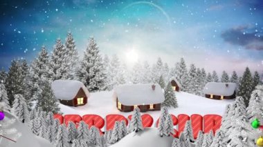 Kar ve Noel ağaçlarıyla dolu kış manzarasının animasyonu. Noel, kış, gelenek ve kutlama konsepti dijital olarak oluşturuldu.