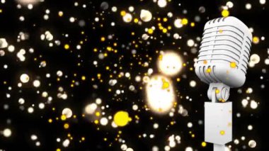 Antika mikrofon animasyonu ve siyah arka plandaki noktalar. Disko, parti, dans, kutlama ve dijital olarak üretilen yeni yıl konsepti.