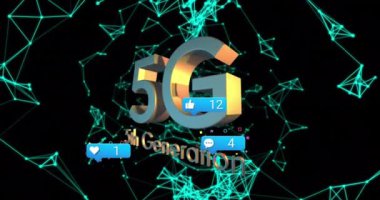 Siyah arkaplandaki bağlantılar üzerine sosyal medya tepkilerinin 5G animasyonu. Sosyal medya, küresel ağ ve teknoloji konsepti dijital olarak oluşturulmuş video.