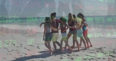 Ticaret kurulunun animasyonu, yürüyen insanların düşük kesimi ve kumsalda eğlenen çeşitli arkadaşlar. Dijital bileşik, çoklu pozlama, borsa, birliktelik, tatiller ve yatırım konsepti.