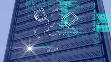 Bilgisayar sunucuları üzerinden simge ve veri işleme ağının animasyonu simge ağı animasyonu ve bilgisayar sunucuları üzerinden veri işleme. Dijital arayüz, bağlantılar, ağlar ve veri işleme kavramı dijital olarak oluşturuldu