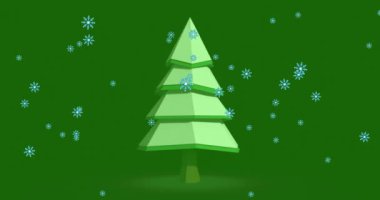 Yeşil arka planda, Noel ağacının üzerine düşen kar animasyonu. Noel, gelenek ve kutlama konsepti dijital olarak oluşturuldu.