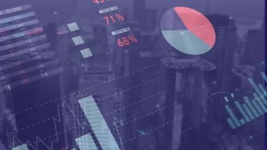 Şehir manzarasının havadan görüntüsüne karşı istatistiksel veri işleme animasyonu. Küresel iş veri teknolojisi kavramı