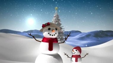 Yılbaşı ağacı ve kış manzarası olan kardan adamların üzerine yağan kar animasyonu. Noel, gelenek ve kutlama konsepti dijital olarak oluşturuldu.