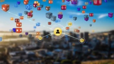 Bu video üzerinde medya simgeleri yüzen bir şehir manzarası gösteriyor. Video çevrimiçi iletişim ve sosyal medyayı temsil ediyor.