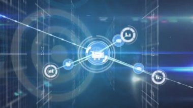 Mavi arkaplan üzerinde dijital simge ağının animasyonu. Küresel ağ ve iş teknolojisi kavramı