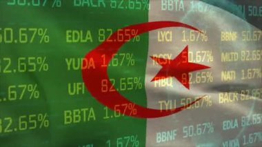 Cezayir bayrağı üzerinde borsa ve dünyanın animasyonu. Küresel finansman, iş ve dijital arayüz kavramı dijital olarak oluşturulmuş video.