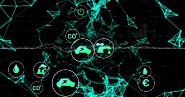 Siyah arkaplan üzerindeki simgelerin ve bağlantıların canlandırılması. Bağlantılar, küresel ağ ve teknoloji konsepti dijital olarak oluşturulmuş video.