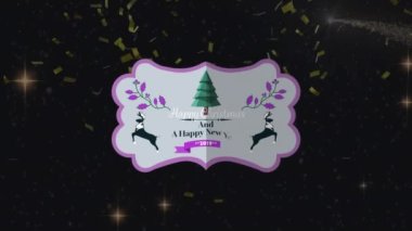 Yıldız animasyonu ve siyah arka planda mutlu noeller ile etiketlenmiş konfeti. Noel, kış, gelenek ve kutlama konsepti dijital olarak oluşturuldu.