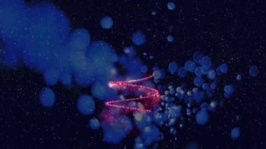 Yılbaşı ağacının üzerine düşen kar animasyonu ve siyah arka planda mutlu bayramlar metni. Noel, gelenek ve kutlama konsepti dijital olarak oluşturuldu.