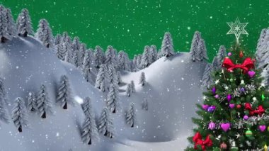 Yeşil arka planda, Noel ağacının ve kış manzarasının üzerine düşen karın animasyonu. Noel, gelenek ve kutlama konsepti dijital olarak oluşturuldu.