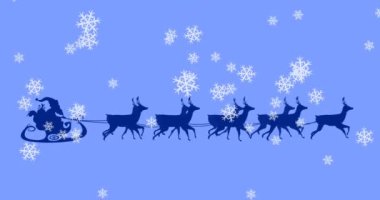 Kar taneleri ikonlarının Noel Baba 'nın üzerine düşmesi ren geyikleri tarafından çekiliyor. Noel şenliği ve kutlama konsepti