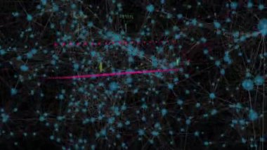 Siyah arkaplana karşı çizgilerle bağlantılı noktaların üzerinde numaralar olan çoklu grafiklerin canlandırılması. Dijital olarak oluşturulmuş, hologram, rapor, finans, ticaret, iletişim ve teknoloji kavramı.