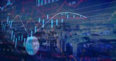 Animation of financial data processing over cityscape. Global finances, computing and digital interface concept digitally generated video.