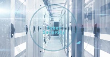 Boş ofis üzerinden tarama ve veri işleme animasyonları. Küresel iş dijital arayüzü teknolojisi ve dijital olarak oluşturulan ağ konsepti.