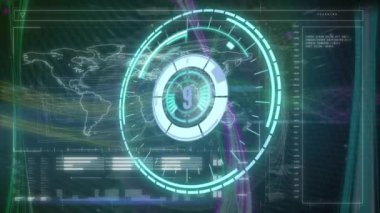 Veri işleme ve ışık yollarına karşı neon yuvarlak tarayıcı üzerinde geri sayım animasyonu. Bilgisayar arayüzü ve iş teknolojisi kavramı